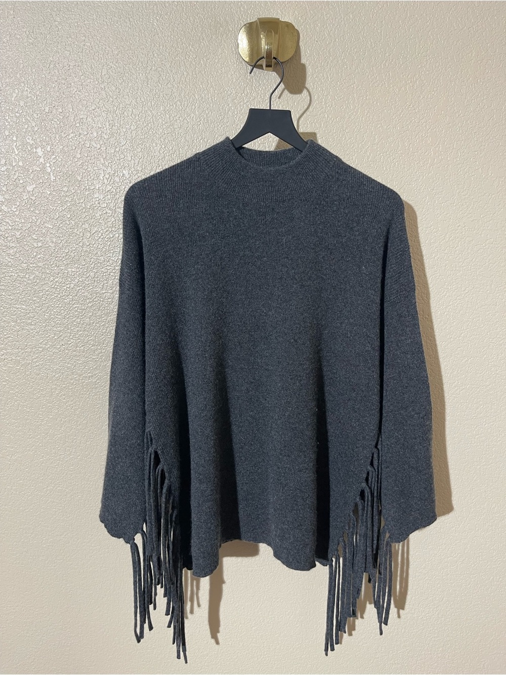 Plush Cashmere Women's Charcoal Fringe Mock Neck Sweater Poncho